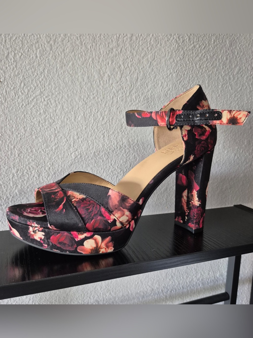 Floral Platform Ankle-Strap Heels in Black and Burgundy